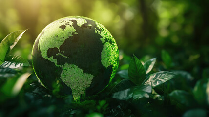 Green sustainable earth globe. Renewable energy transition concept. Generative AI