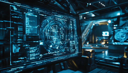 Poster - Advanced holographic interface showcasing a modern industrial machine in action  -