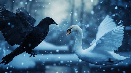 Wall Mural - two birds perched together on top of a snowy field amidst tree-filled surroundings