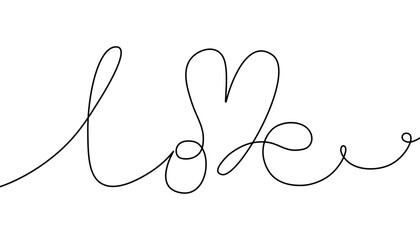 Wall Mural - World love one continuous line drawing. Minimalist romantic linear lettering with heart shape for valentines day card design. Vector illustration