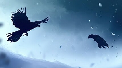 Wall Mural - a pair of birds soaring through the sky over a snow-covered landscape, framed by the vast expanse of