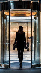 Wall Mural - Businesswoman entering a revolving office door  -