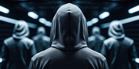 Computer Hacker in Hoodie. Back view. Concept of Hacker Attack, Virus Software. Dark web background and Cyber Security.
