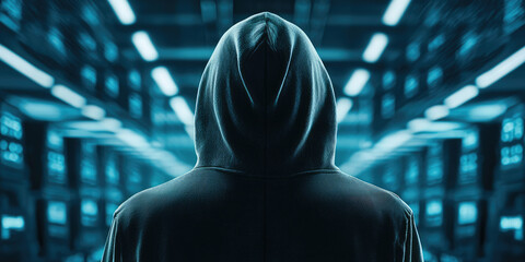 Computer Hacker in Hoodie. Back view. Concept of Hacker Attack, Virus Software. Dark web background and Cyber Security.