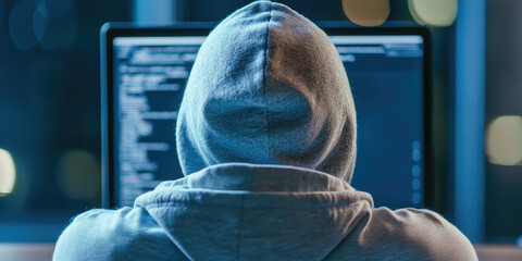 Computer Hacker in Hoodie. Back view. Concept of Hacker Attack, Virus Software. Dark web background and Cyber Security.