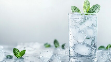 Wall Mural -   A glass of ice with a sprig of mint on top of a stack of ice cubes