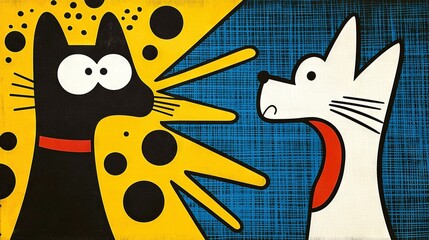 Canvas Print -   A cat and dog painting on a blue-yellow-black backdrop with a red collar