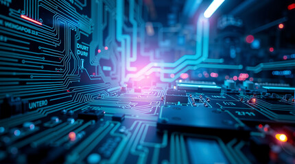 Glowing Quantum Processor Circuit Board With Digital Pathways And Microchip Architecture, Futuristic AI Technology Background With Neon Lights