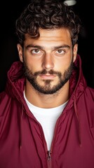 Wall Mural - A man with curly hair and a beard wearing a maroon jacket