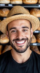 Wall Mural - A man wearing a straw hat smiles at the camera