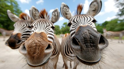 Wall Mural - A group of zebras standing next to each other on a dirt road