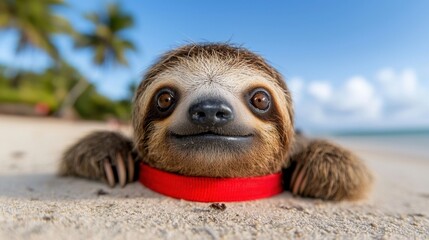 Wall Mural - A sloth with a red collar laying on the beach