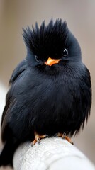 Wall Mural - A small black bird sitting on top of a wooden post