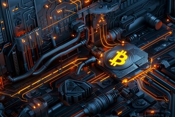 Wall Mural - close up view of a bitcoin mining rig with glowing orange lights, symbolizing the intense computatio