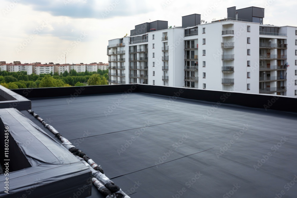Photo inspiration: Visual Reference: Waterproofing Membrane Being Installed On A Flat Rooftop With Apartment