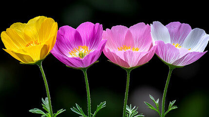 Sticker - A vibrant display of colorful flowers in shades of yellow, pink, and white, set against a dark background, showcasing nature's beauty and diversity.