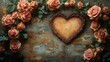 © Somchai - Rustic Heart and Roses: A vintage heart-shaped frame surrounded by delicate peach roses, rests on a textured, rustic background. Perfect for Valentine's Day, wedding invitations, or romantic projects.