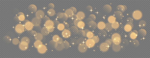 Wall Mural - golden bokeh with stars and sparkles, shiny overlay decoration isolated on grey background. vector i