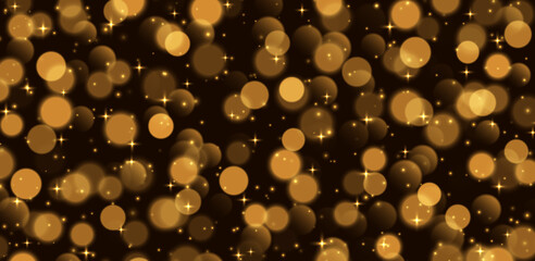 Wall Mural - golden bokeh with stars and sparkles, shiny overlay decoration isolated on black background. vector 