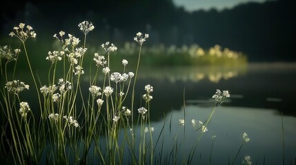 Wall Mural -   A photo featuring an array of white blooms positioned against a serene water body with a distant forest landscape in the backdrop