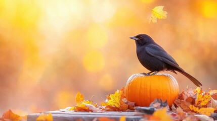 Wall Mural - A black bird sitting on top of a pumpkin