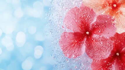 Wall Mural - A bunch of red and pink flowers with water droplets on them