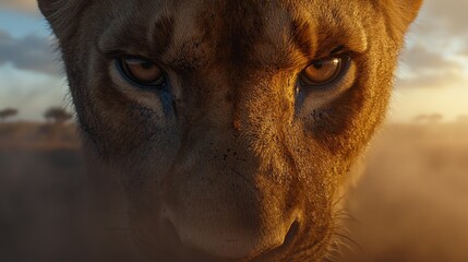 Wall Mural -  A close up of a lion's face in the desert