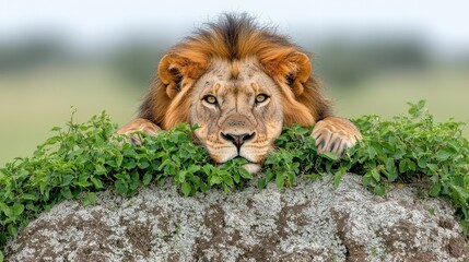 Wall Mural - A lion laying on top of a large rock covered in plants