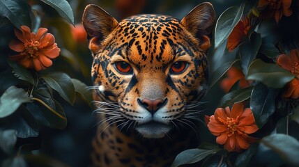 Canvas Print - A close-up shot of a leopard surrounded by colorful flowers