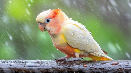 Wall Mural - A parrot sitting on a branch in the rain