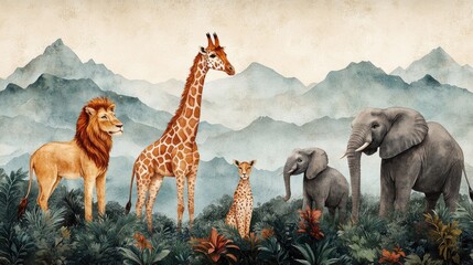 Canvas Print - A colorful illustration of a giraffe, lion, and elephants in a savannah landscape