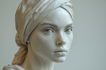 A portrait of a woman wearing a turban, standing against a plain background