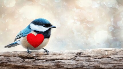 Wall Mural - A bird with a red heart sitting on a branch