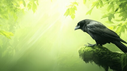 Wall Mural - A black bird sitting on top of a moss covered branch