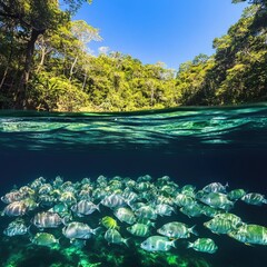 Sticker - A group of fish swim together in the ocean