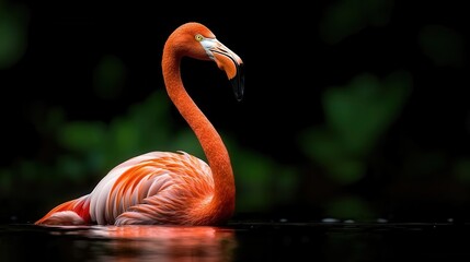 Wall Mural - A pink flamingo is standing in the water