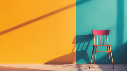 Wall Mural - A pink chair sits against a teal and yellow wall, bathed in sunlight.