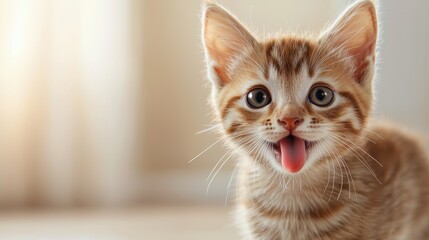 Wall Mural - A small orange and white kitten sticking its tongue out