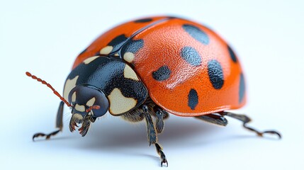 Sticker - A close-up shot of a ladybug sitting on a white surface, focused on its tiny features and vibrant colors