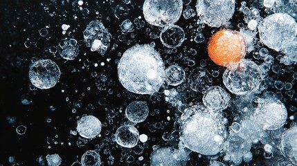 Wall Mural -   An orange on ice atop a black surface with water droplets and bubbles surrounding it