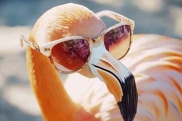 Wall Mural - A close-up shot of a flamingo wearing trendy sunglasses, highlighting its unique fashion sense