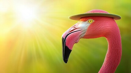 Wall Mural - A pink flamingo wearing a straw hat