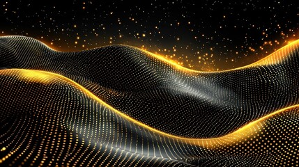 Wall Mural - Gold and black wavy pattern with light dots over dark background.