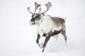 Wall Mural - A reindeer runs freely through a snowy environment, its antlers and fur visible