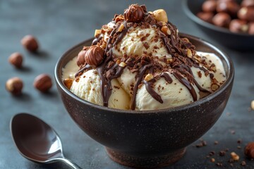 Wall Mural - Vanilla ice cream with chocolate syrup and hazelnuts in a bowl