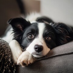 Canvas Print - A black and white dog is lying on the top of a couch, relaxed