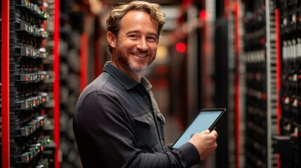 Wall Mural - it engineer smiling and holding tablet in server room
