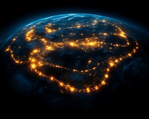 earth at night, city lights illuminating continents.