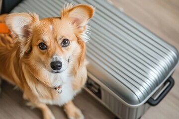 Wall Mural - A dog sitting next to a suitcase on the floor, possibly waiting for travel or moving with its owner