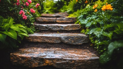 Wall Mural - Stone steps leading through lush garden blooming with colorful flowers